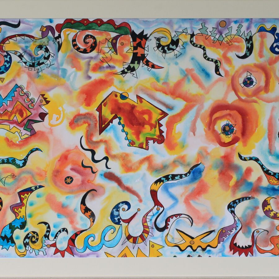Peter Hemmelskamp, Uferlos im All, 1991,Mischtechnik auf Papier, 70x100 cm
